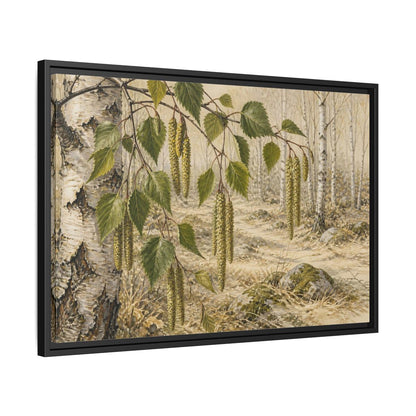 Side Mockup 14. Birch Catkins In Pale Woodland shown as framed canvas print