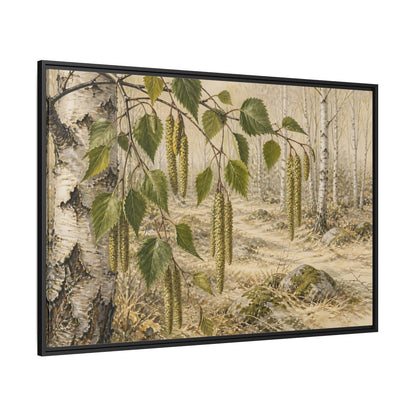 Side Mockup 12. Birch Catkins In Pale Woodland shown as framed canvas print