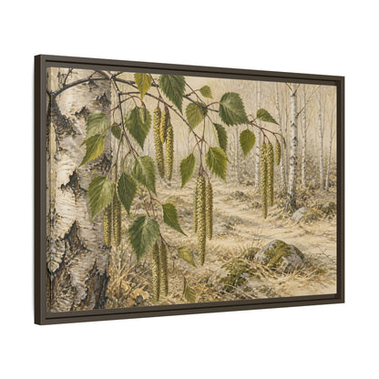 Side Mockup 11. Birch Catkins In Pale Woodland shown as framed canvas print