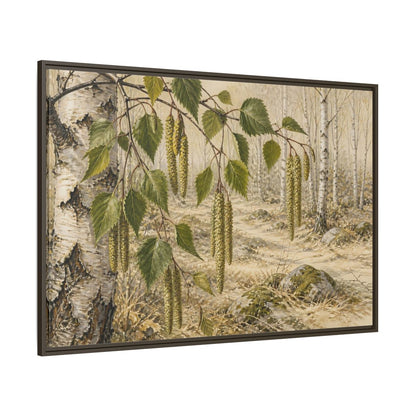 Side Mockup 8. Birch Catkins In Pale Woodland shown as framed canvas print