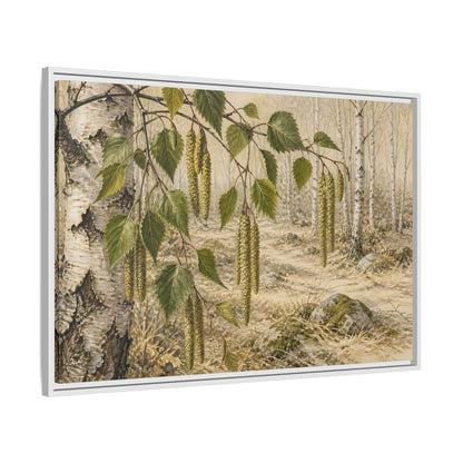 Side Mockup 9. Birch Catkins In Pale Woodland shown as framed canvas print