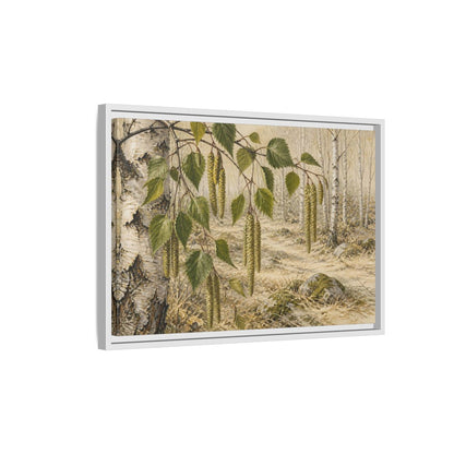 Side Mockup 1. Birch Catkins In Pale Woodland shown as framed canvas print
