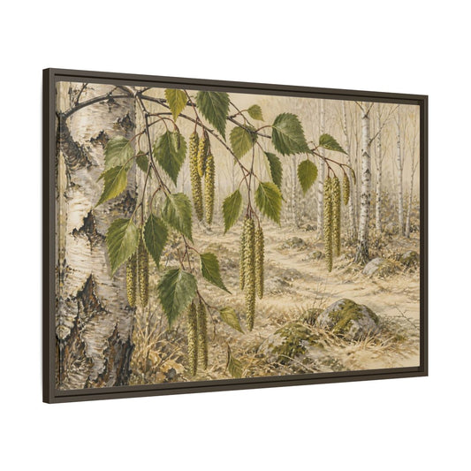 Main Mockup. Birch Catkins In Pale Woodland shown as framed canvas print