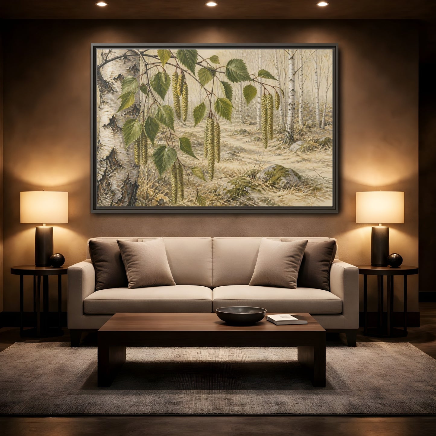 Mockup 2. Birch Catkins In Pale Woodland shown as framed canvas print