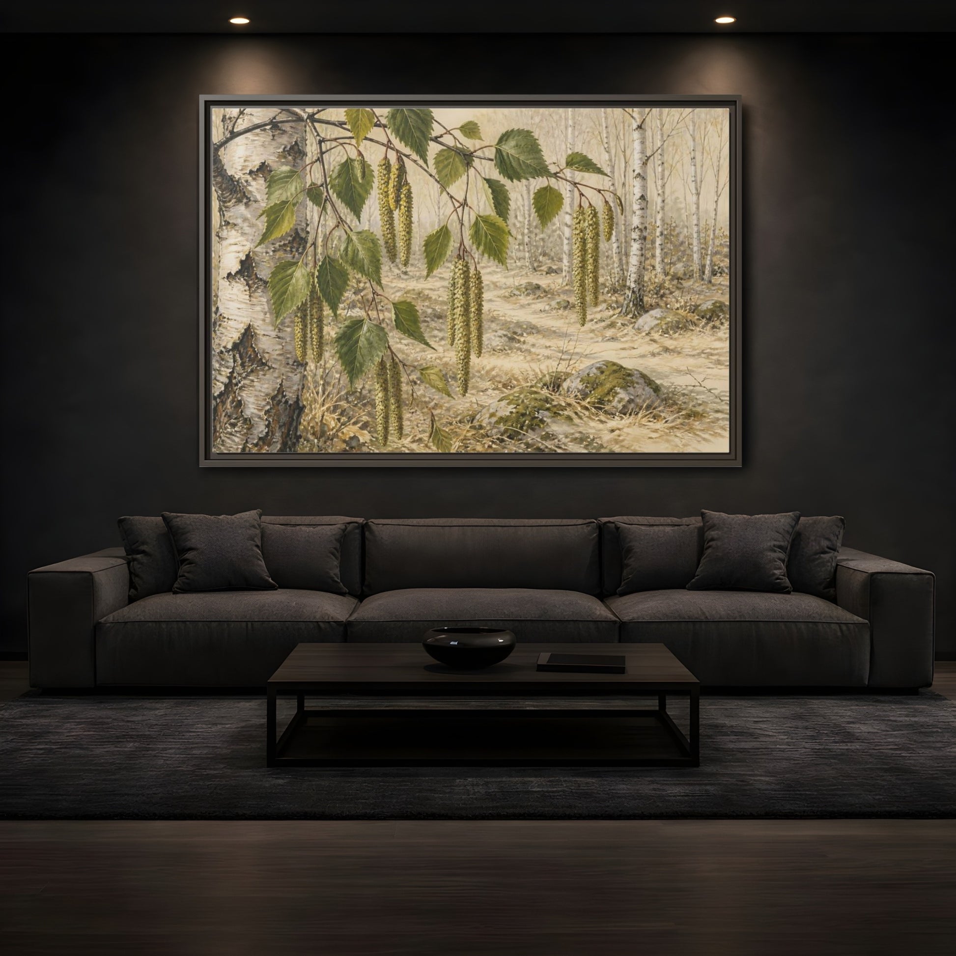 Mockup 3. Birch Catkins In Pale Woodland shown as framed canvas print