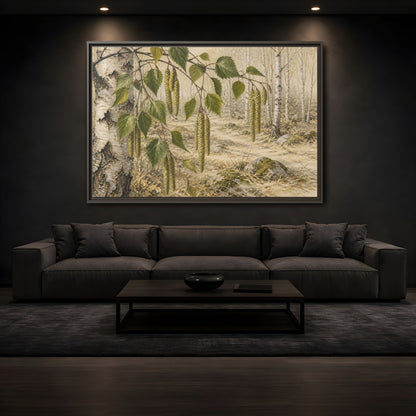 Mockup 3. Birch Catkins In Pale Woodland shown as framed canvas print