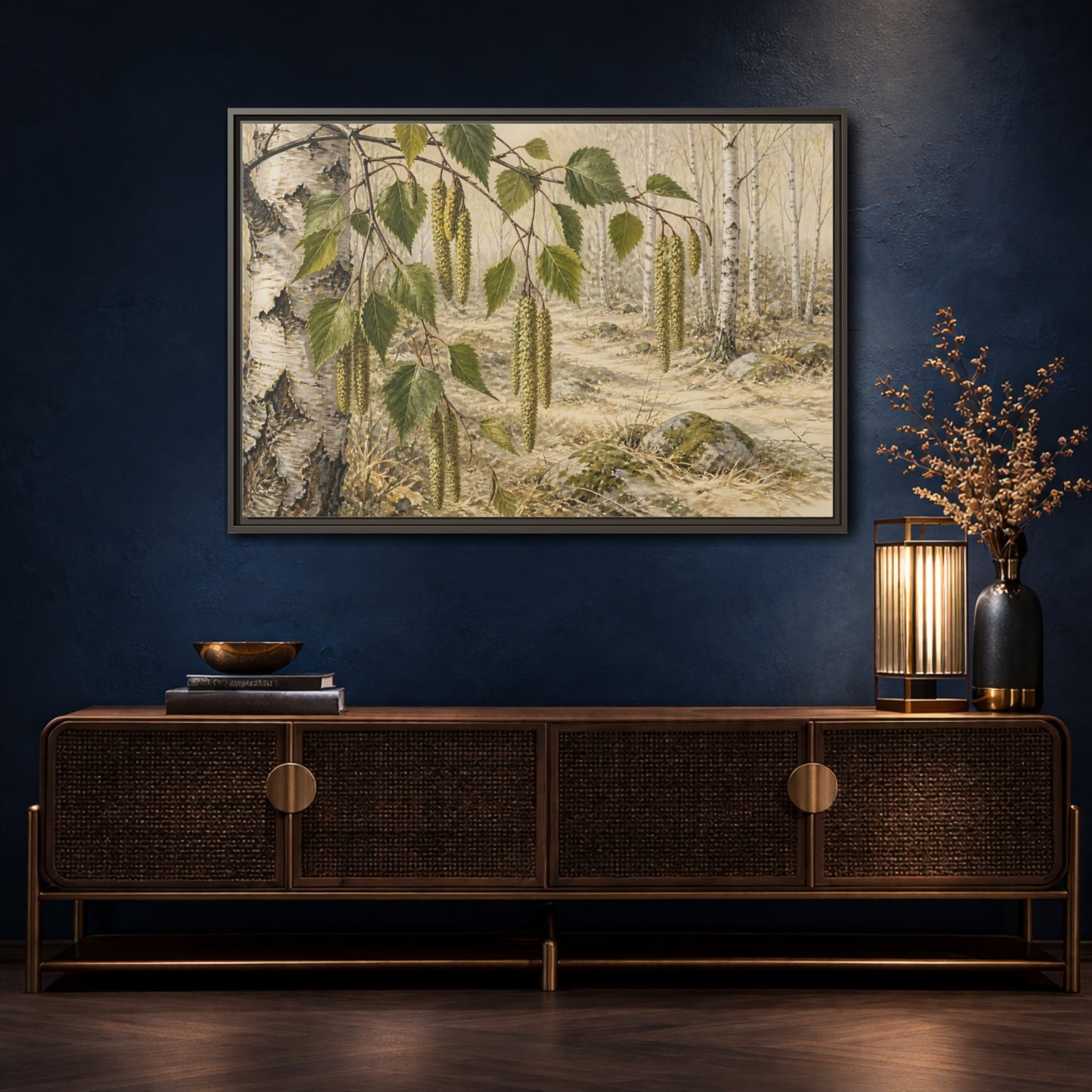 Mockup 4. Birch Catkins In Pale Woodland shown as framed canvas print