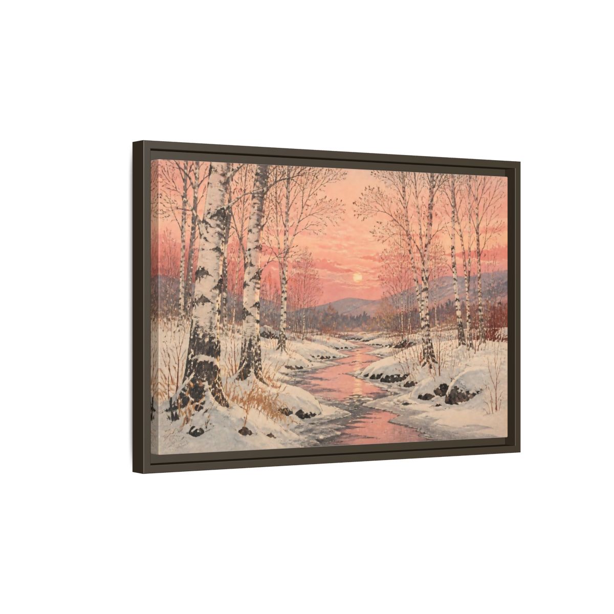 Side Mockup 2. Birch Landscape At Sunset shown as framed canvas print