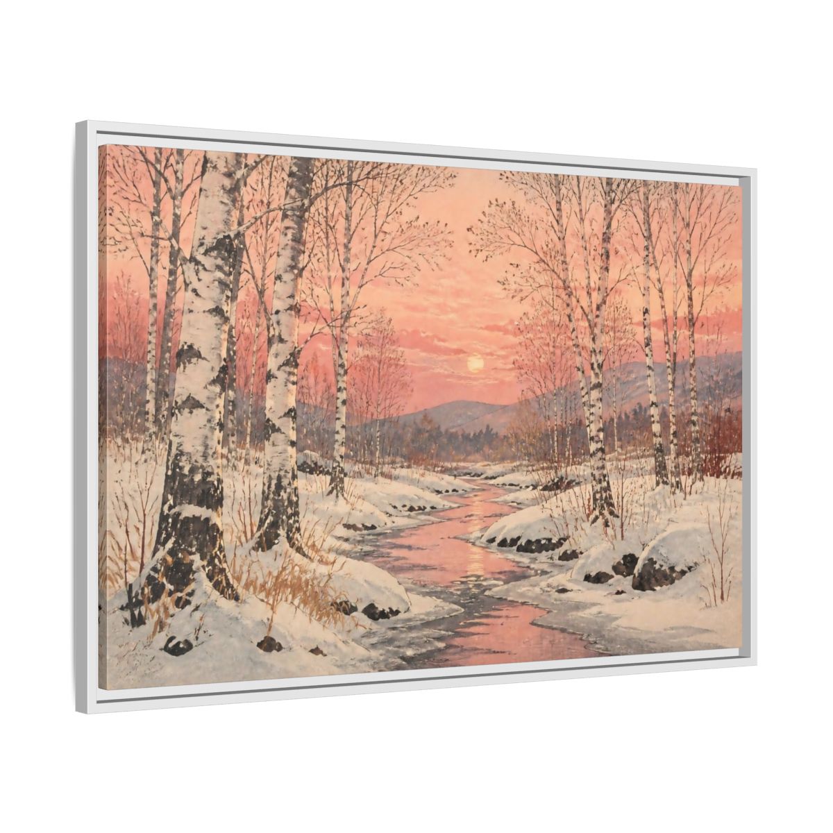 Side Mockup 9. Birch Landscape At Sunset shown as framed canvas print
