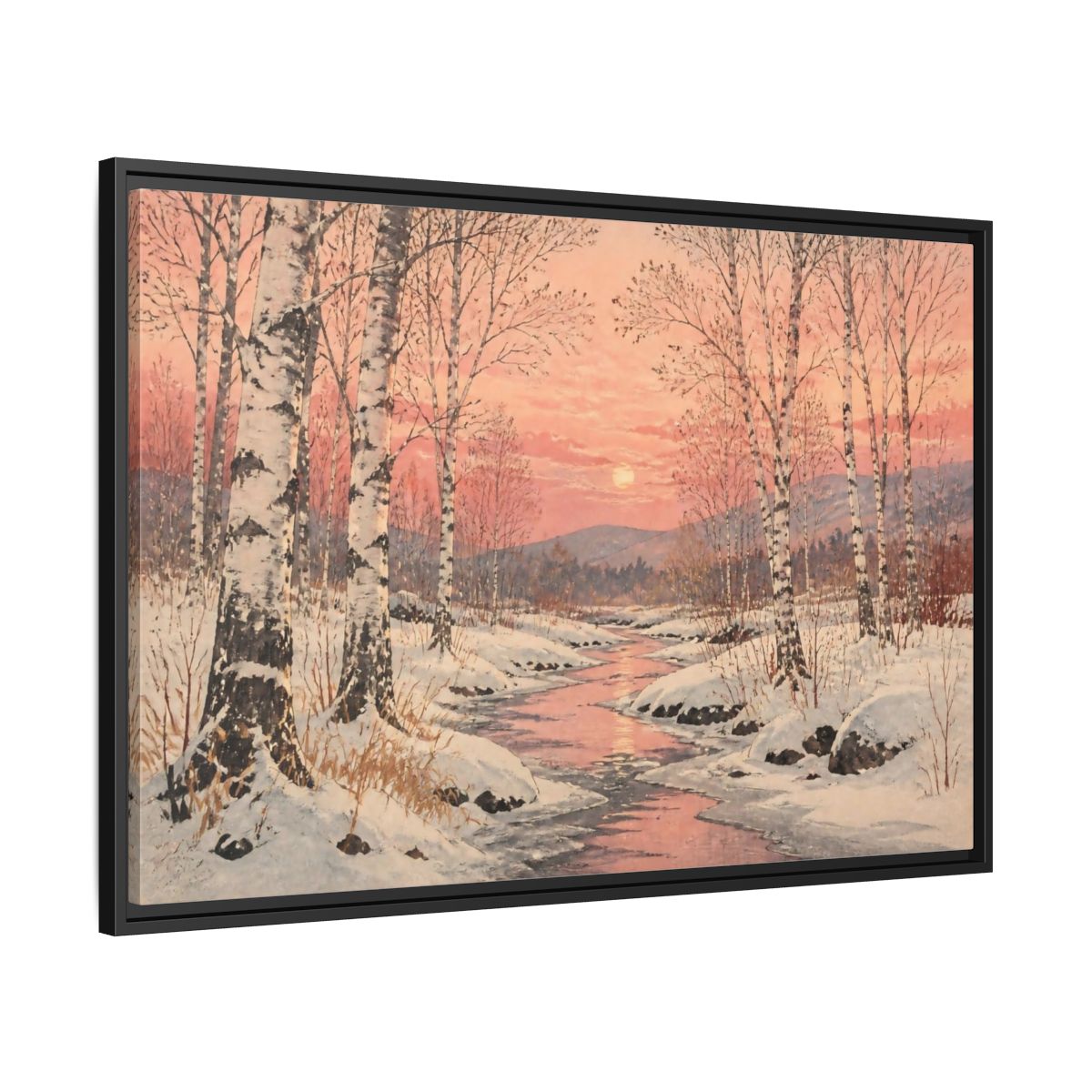 Side Mockup 13. Birch Landscape At Sunset shown as framed canvas print