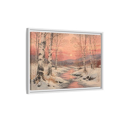 Side Mockup 1. Birch Landscape At Sunset shown as framed canvas print