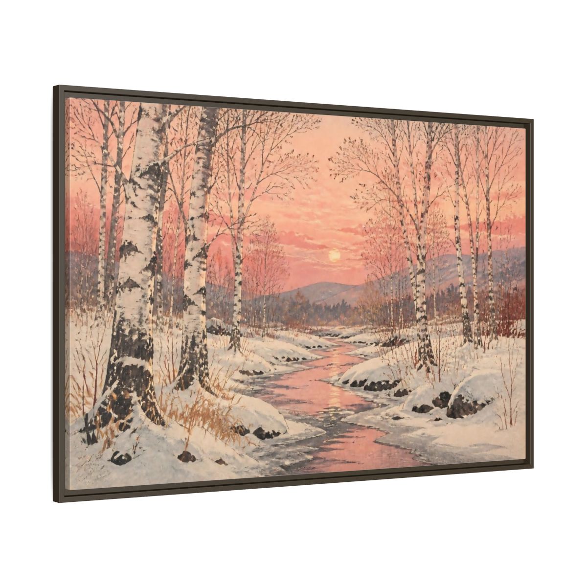Side Mockup 8. Birch Landscape At Sunset shown as framed canvas print