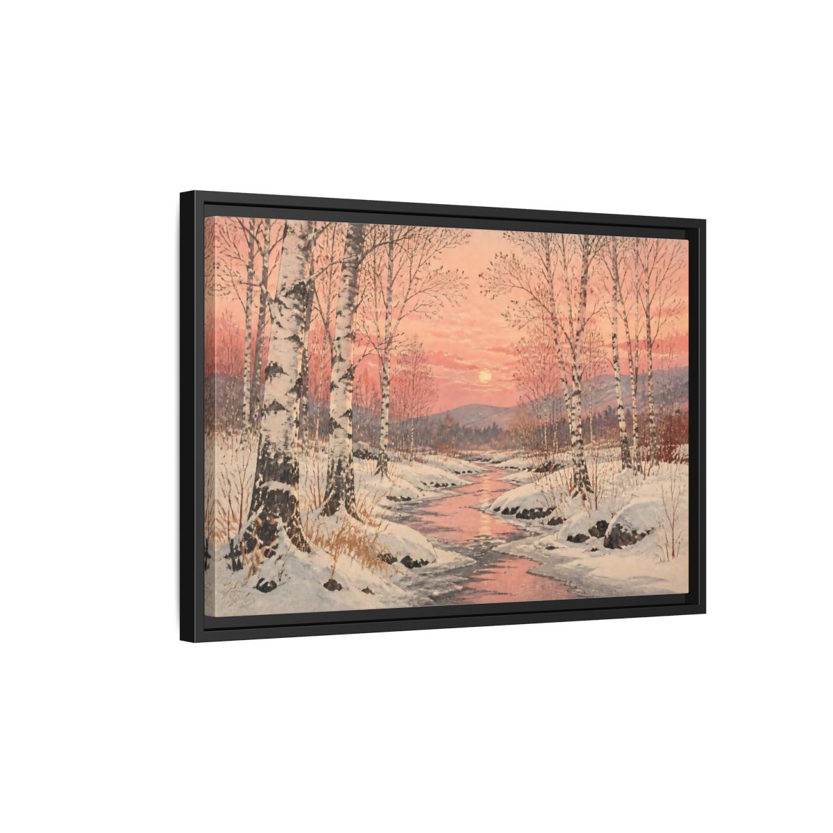 Side Mockup 3. Birch Landscape At Sunset shown as framed canvas print