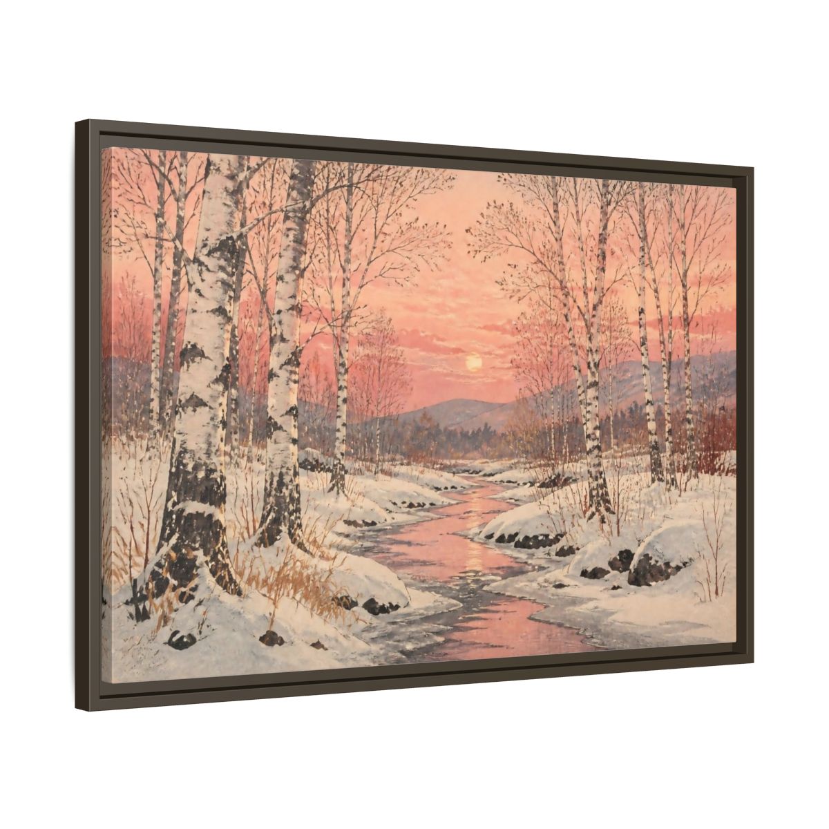Side Mockup 11. Birch Landscape At Sunset shown as framed canvas print