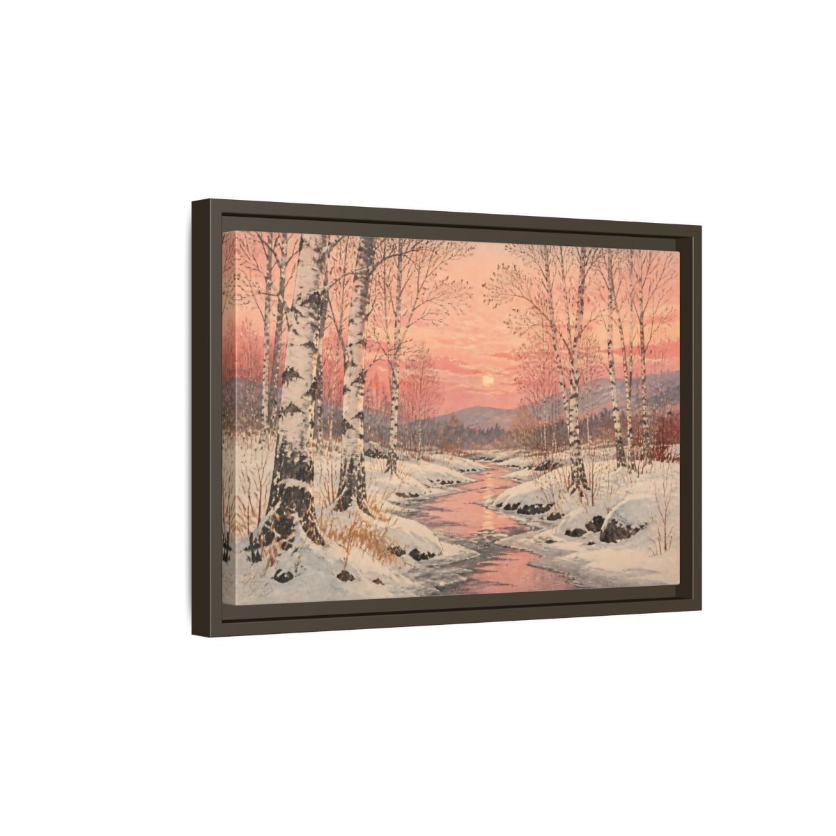 Side Mockup 5. Birch Landscape At Sunset shown as framed canvas print