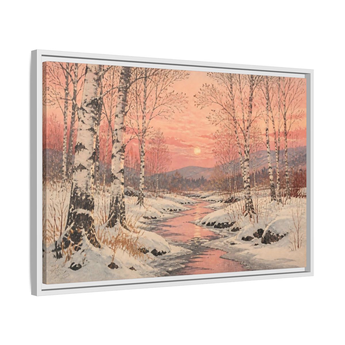 Side Mockup 10. Birch Landscape At Sunset shown as framed canvas print