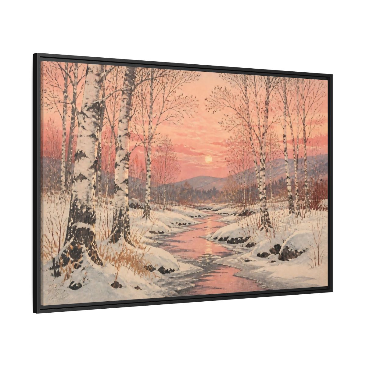 Side Mockup 12. Birch Landscape At Sunset shown as framed canvas print