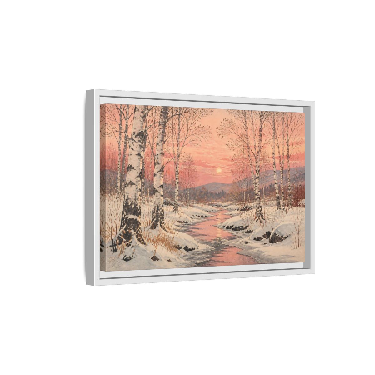 Side Mockup 4. Birch Landscape At Sunset shown as framed canvas print