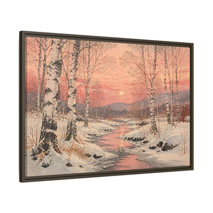 Main Mockup. Birch Landscape At Sunset shown as framed canvas print