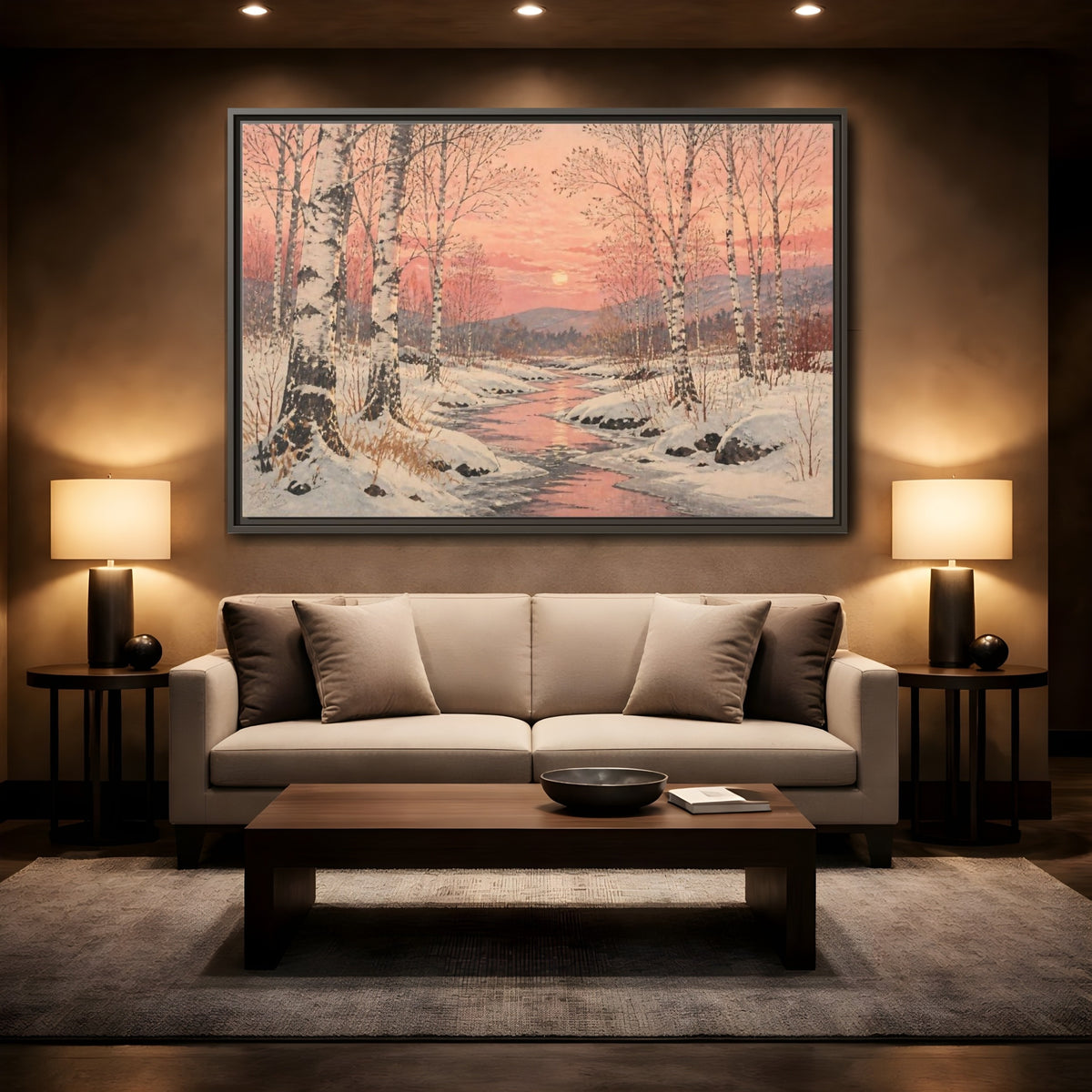 Mockup 2. Birch Landscape At Sunset shown as framed canvas print