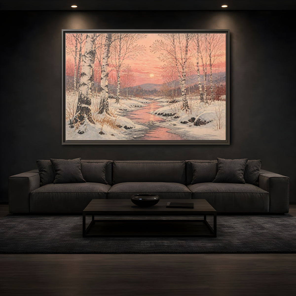 Mockup 3. Birch Landscape At Sunset shown as framed canvas print