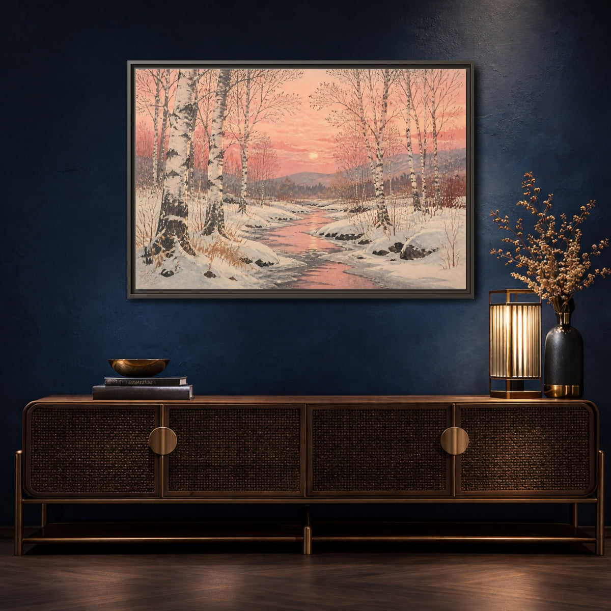 Mockup 4. Birch Landscape At Sunset shown as framed canvas print