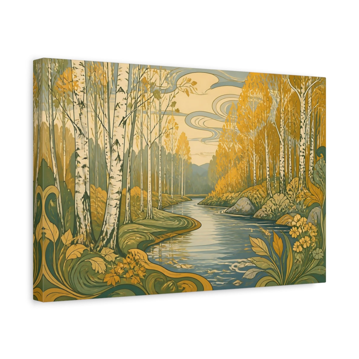Side Mockup 4. Birch River Nature Scene shown as canvas print