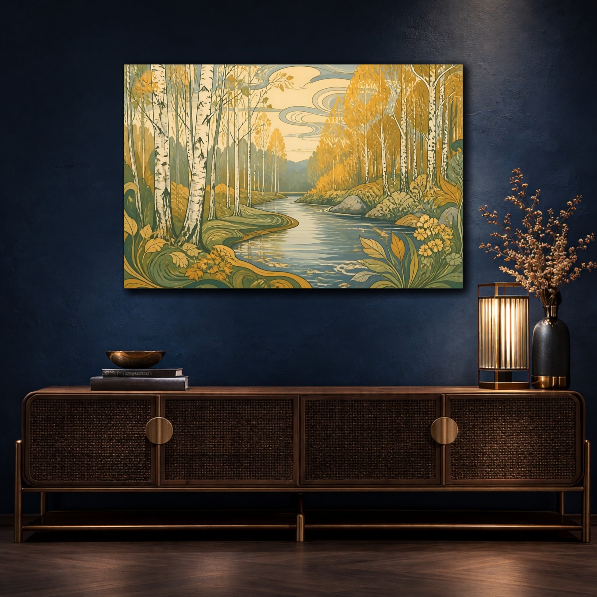 Mockup 4. Birch River Nature Scene shown as canvas print