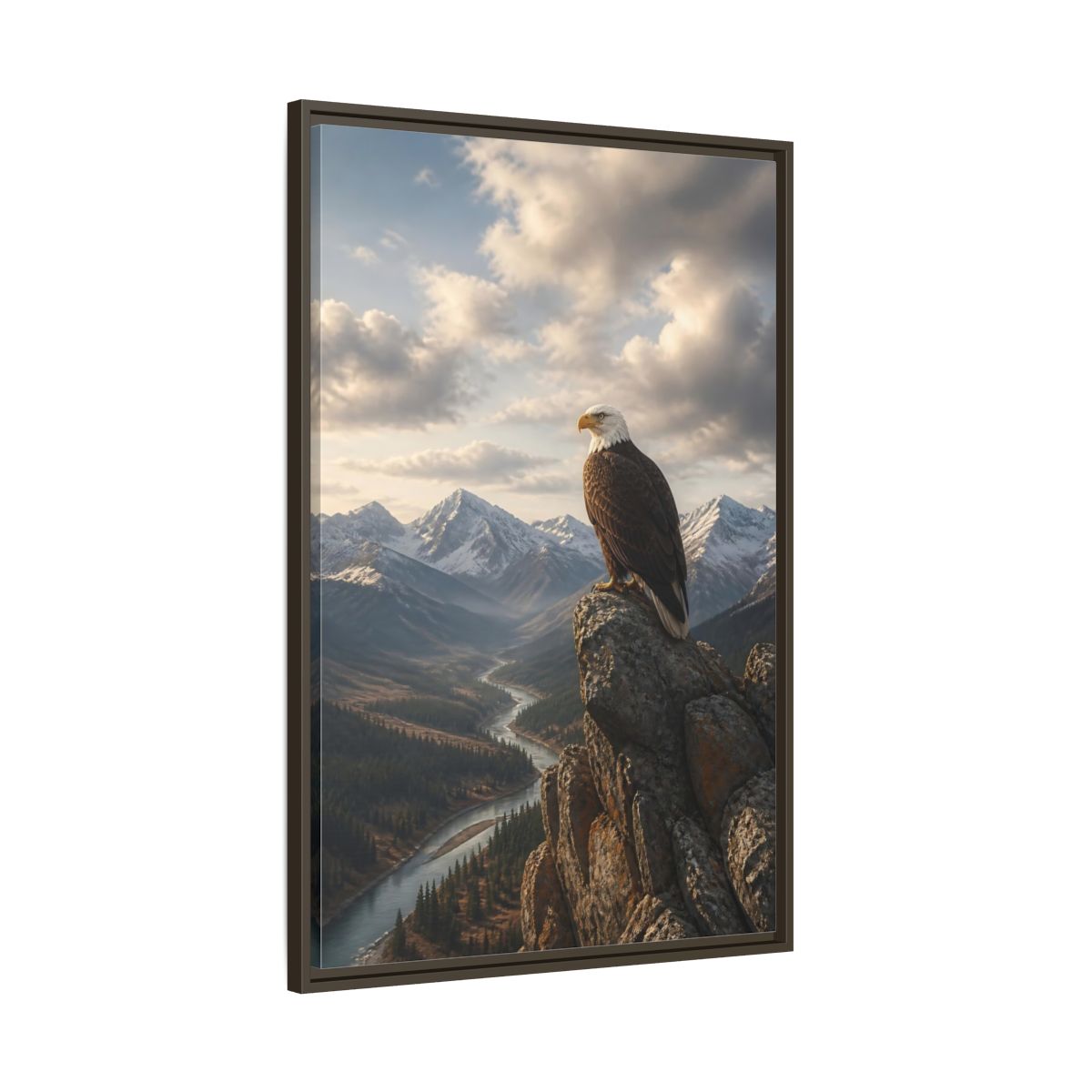 Main Mockup. Birds Bald Eagle Eagle Mountain River shown as stretched canvas wall art