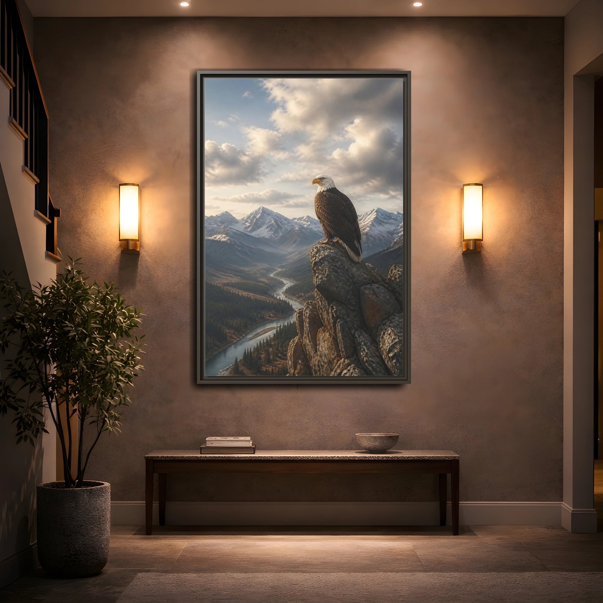 Mockup 2. Birds Bald Eagle Eagle Mountain River shown as stretched canvas wall art