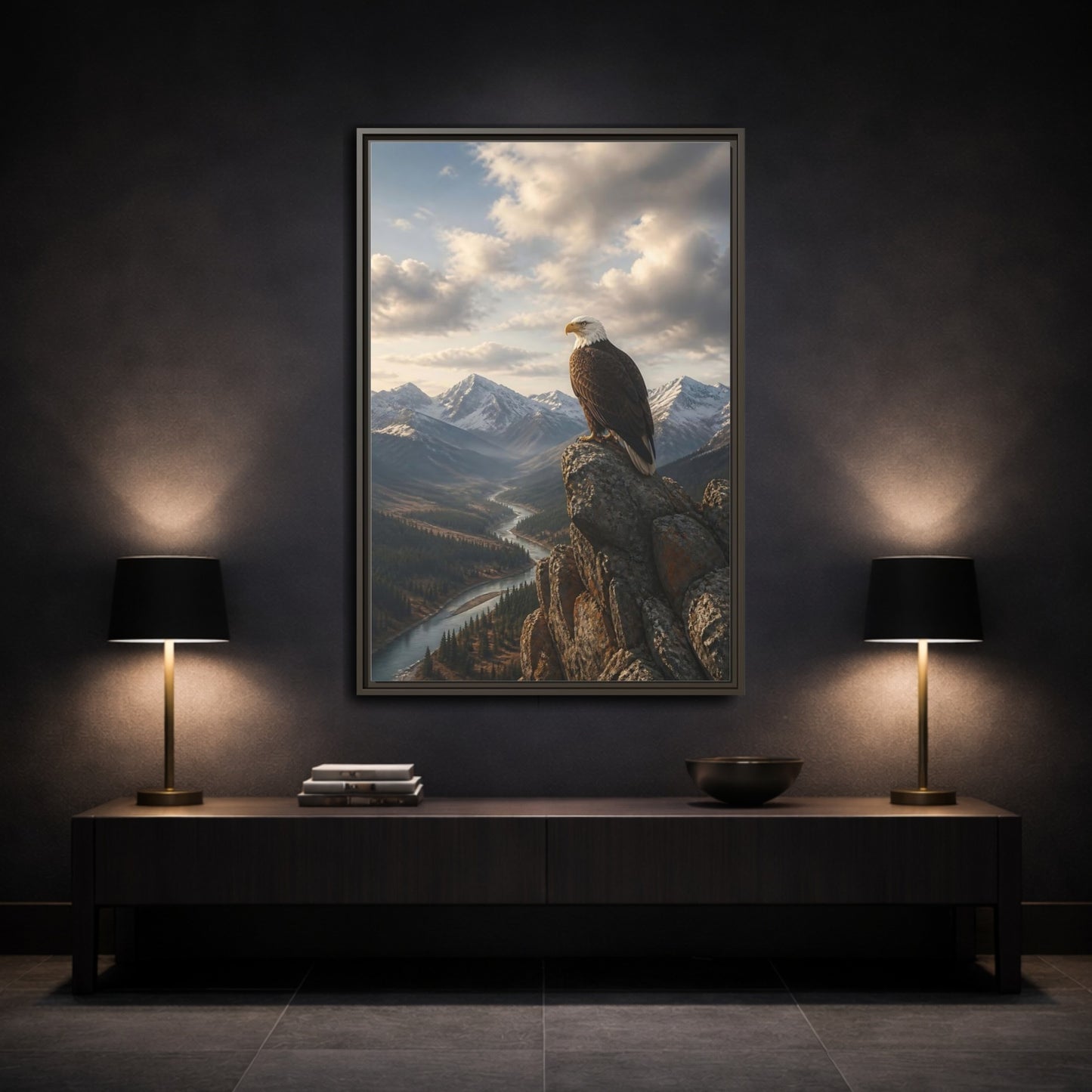 Mockup 3. Birds Bald Eagle Eagle Mountain River shown as stretched canvas wall art
