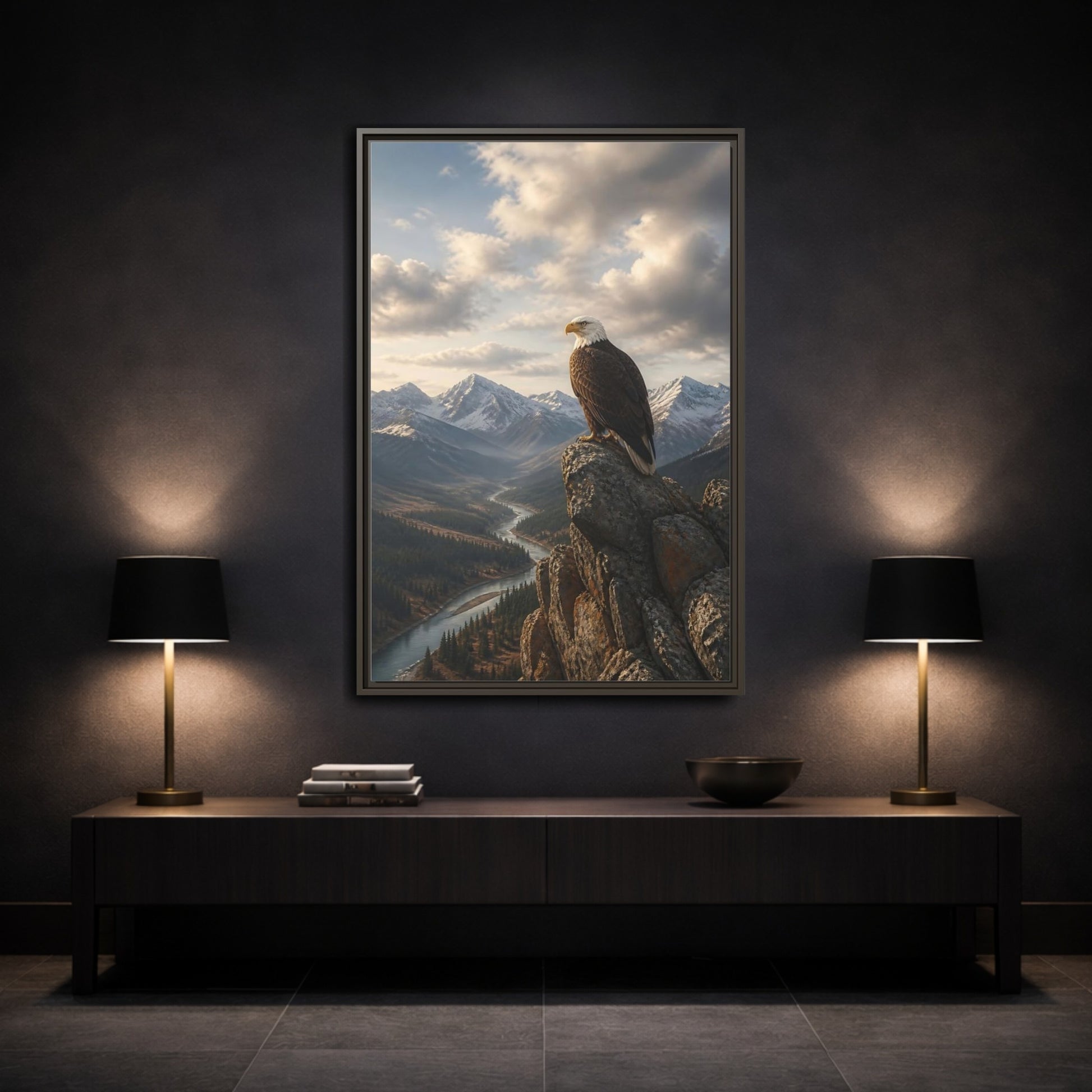 Mockup 3. Birds Bald Eagle Eagle Mountain River shown as stretched canvas wall art