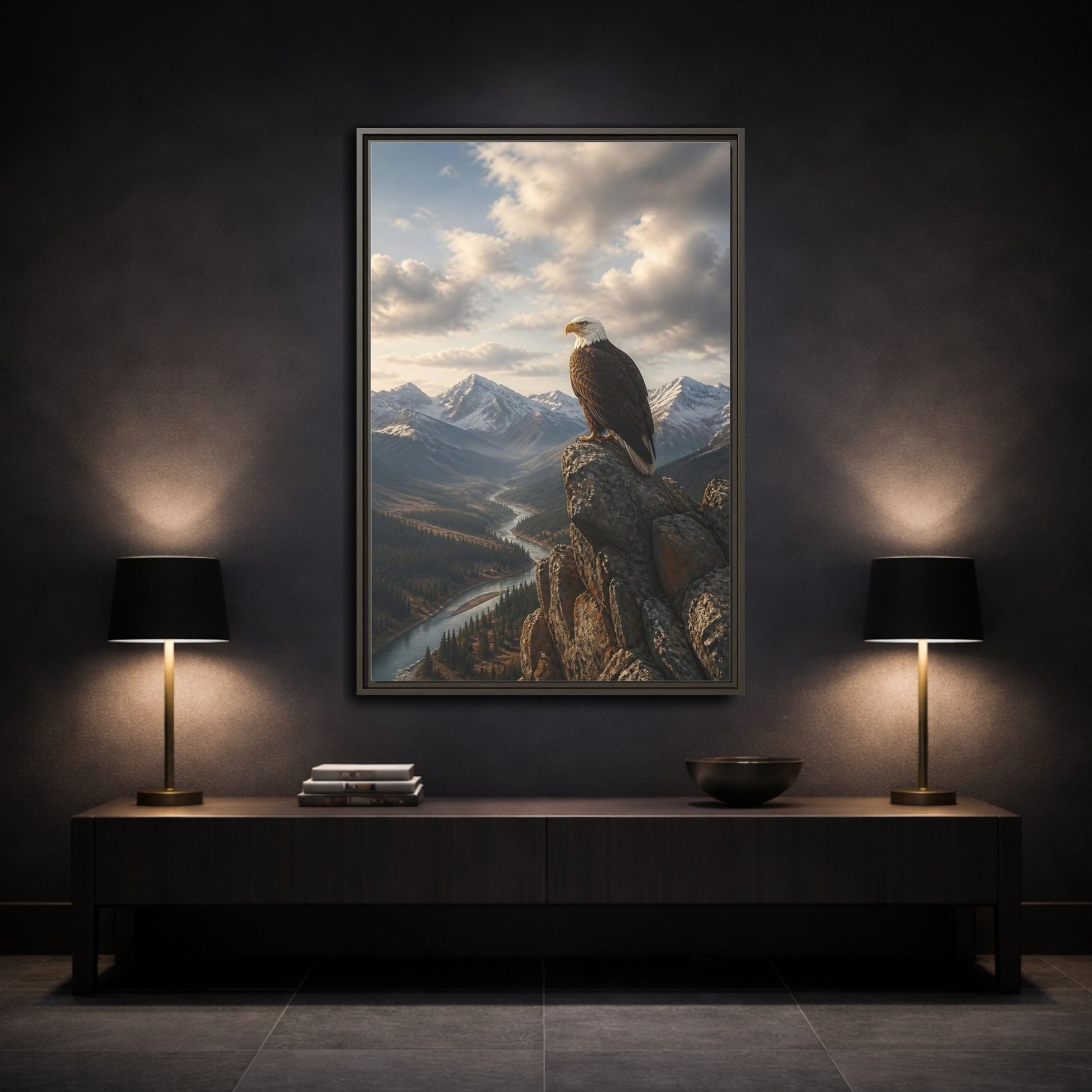 Mockup 3. Birds Bald Eagle Eagle Mountain River shown as stretched canvas wall art