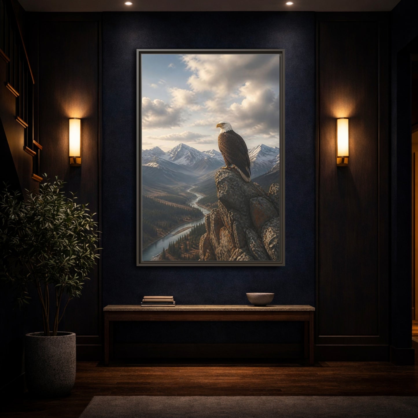 Mockup 4. Birds Bald Eagle Eagle Mountain River shown as stretched canvas wall art