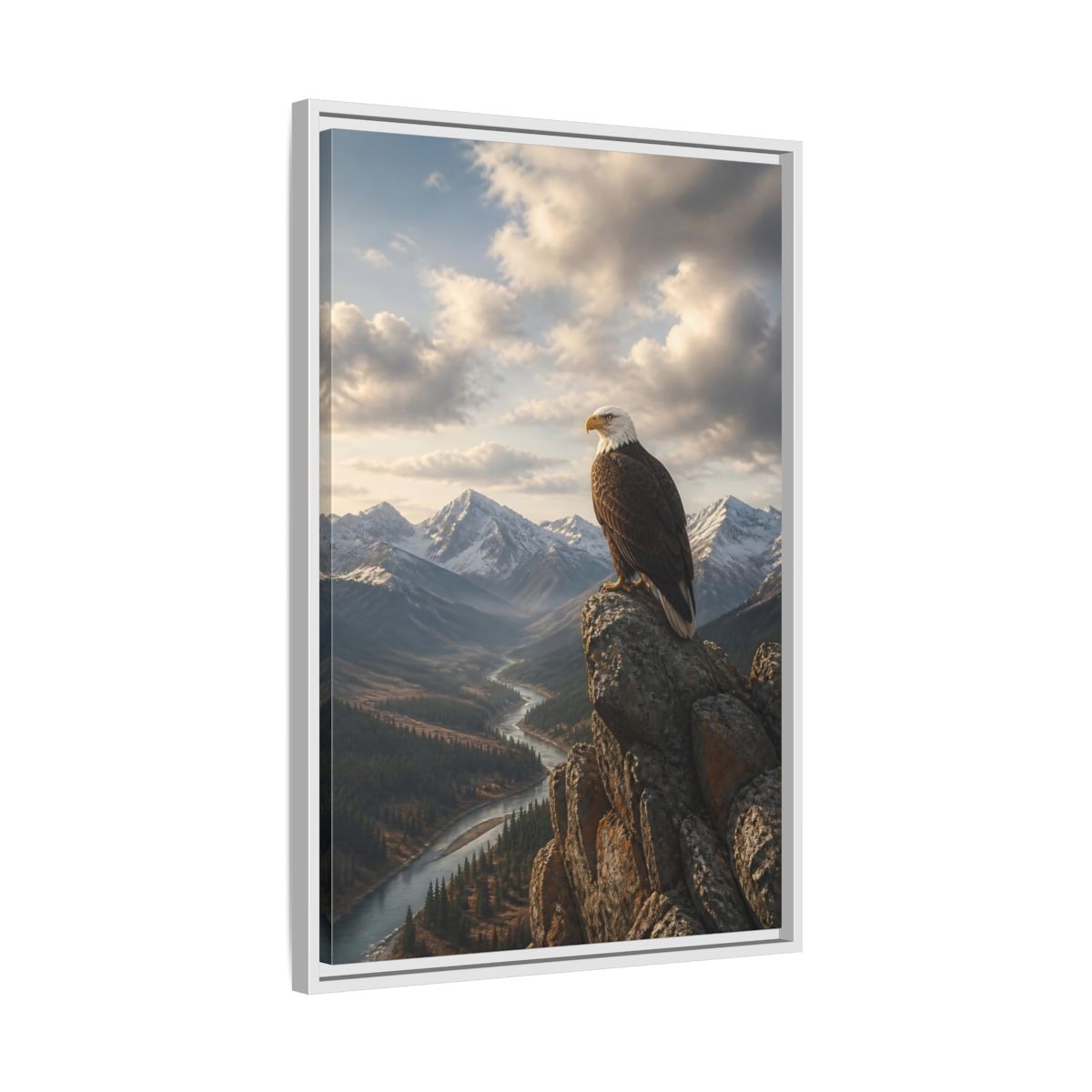 Side Mockup 10. Birds Bald Eagle Eagle Mountain River shown as stretched canvas wall art