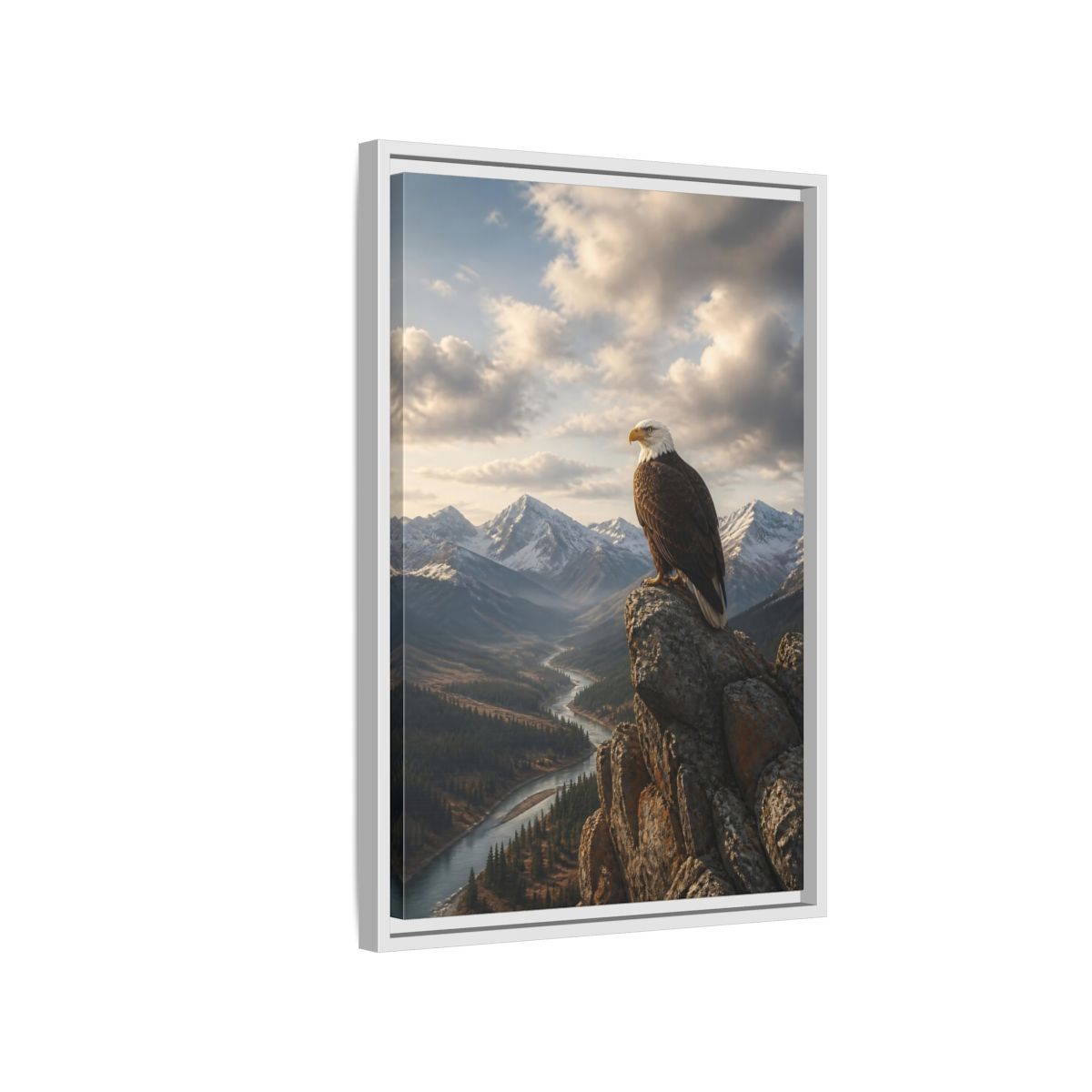 Side Mockup 1. Birds Bald Eagle Eagle Mountain River shown as stretched canvas wall art