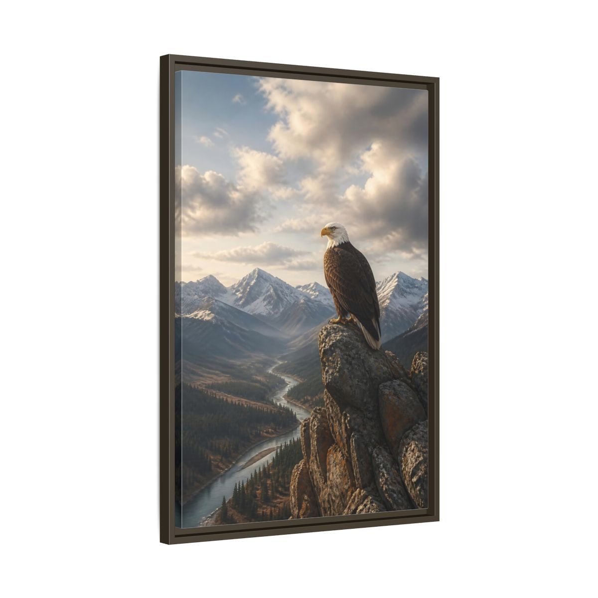 Side Mockup 11. Birds Bald Eagle Eagle Mountain River shown as stretched canvas wall art