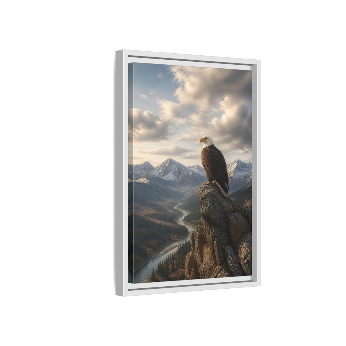 Side Mockup 4. Birds Bald Eagle Eagle Mountain River shown as stretched canvas wall art