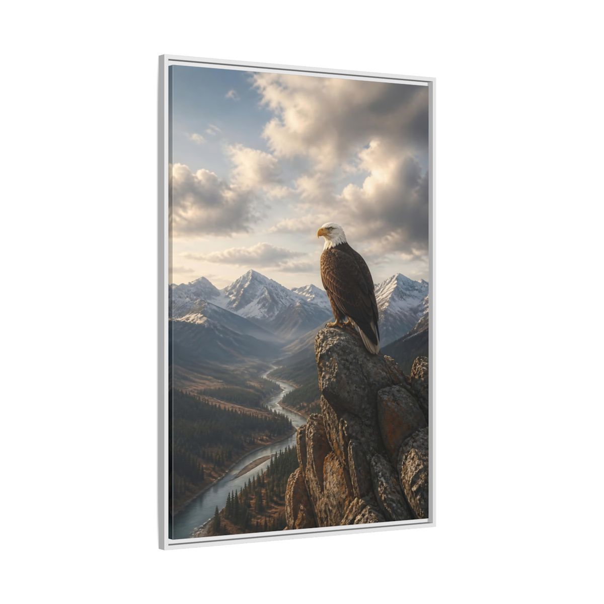 Side Mockup 7. Birds Bald Eagle Eagle Mountain River shown as stretched canvas wall art