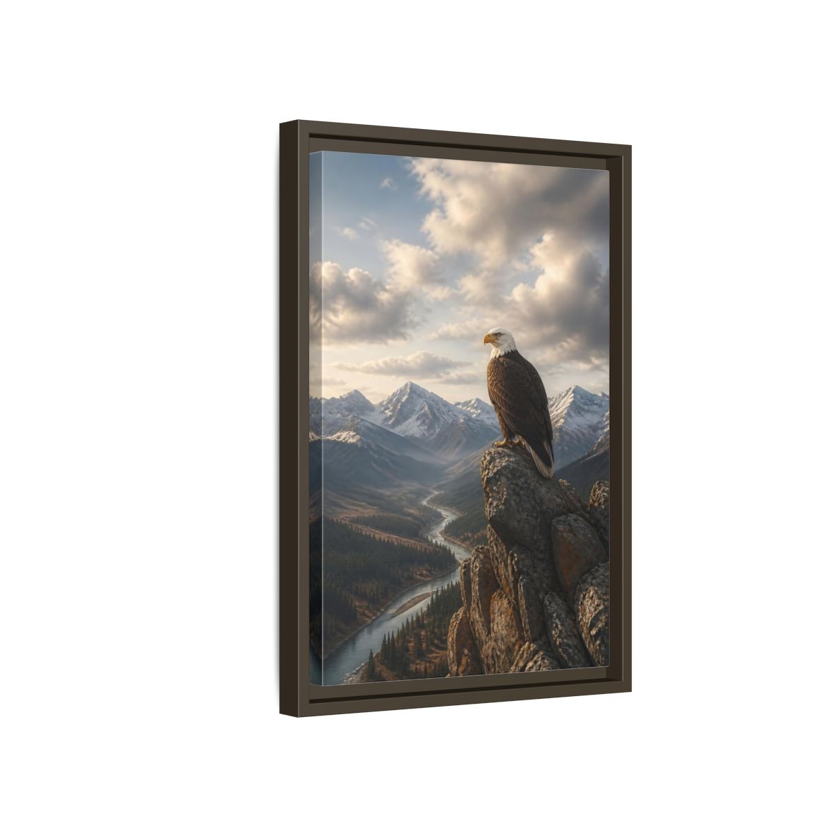 Side Mockup 5. Birds Bald Eagle Eagle Mountain River shown as stretched canvas wall art