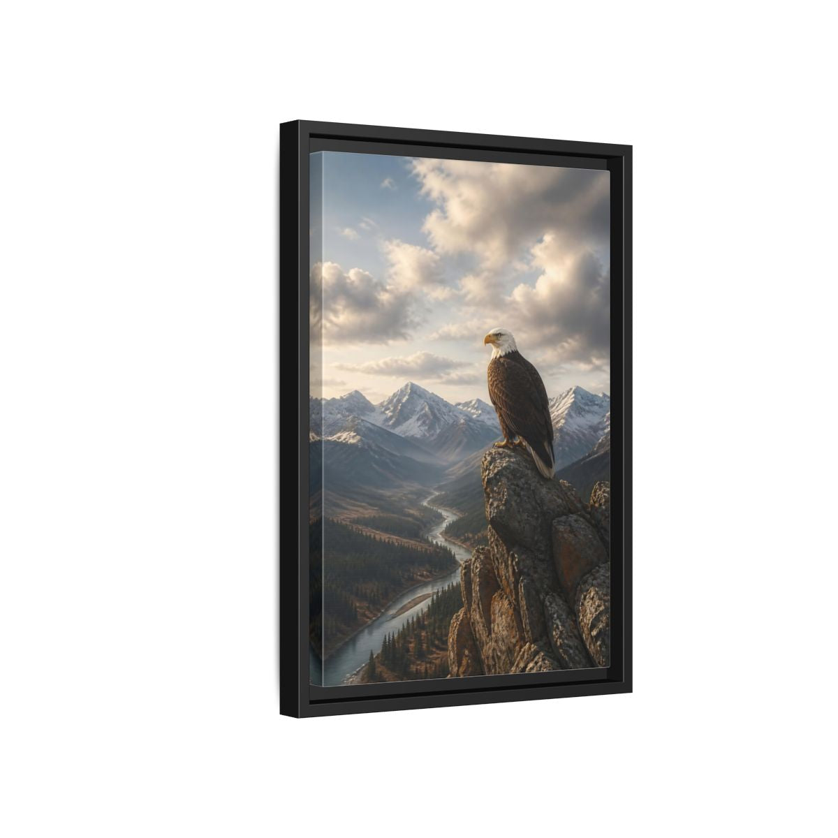 Side Mockup 6. Birds Bald Eagle Eagle Mountain River shown as stretched canvas wall art