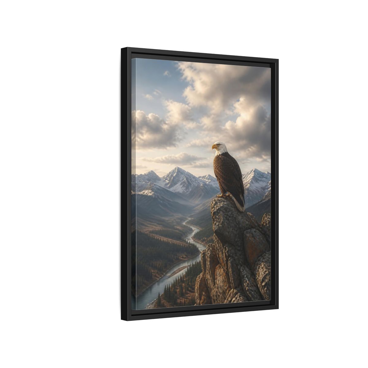 Side Mockup 3. Birds Bald Eagle Eagle Mountain River shown as stretched canvas wall art