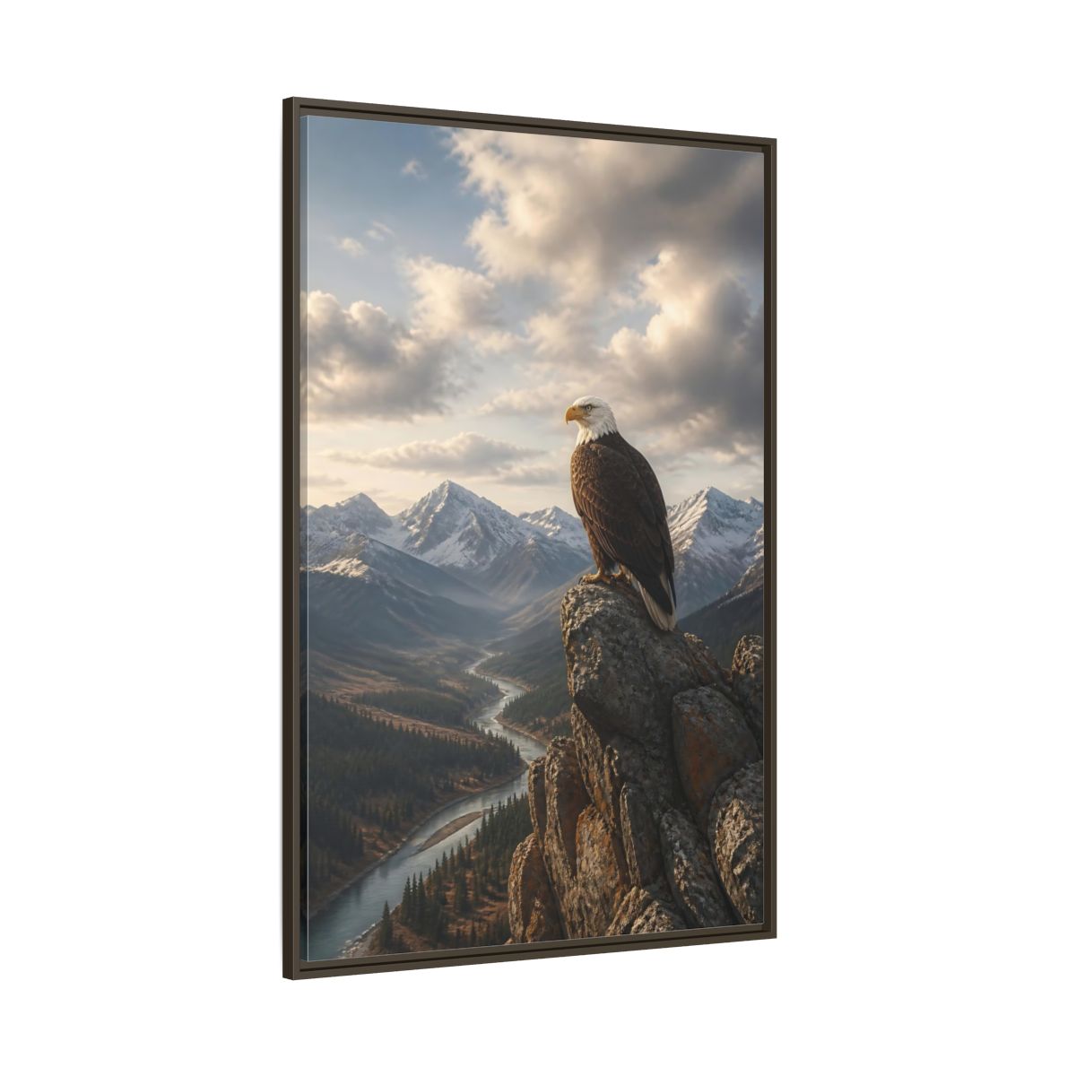 Side Mockup 8. Birds Bald Eagle Eagle Mountain River shown as stretched canvas wall art
