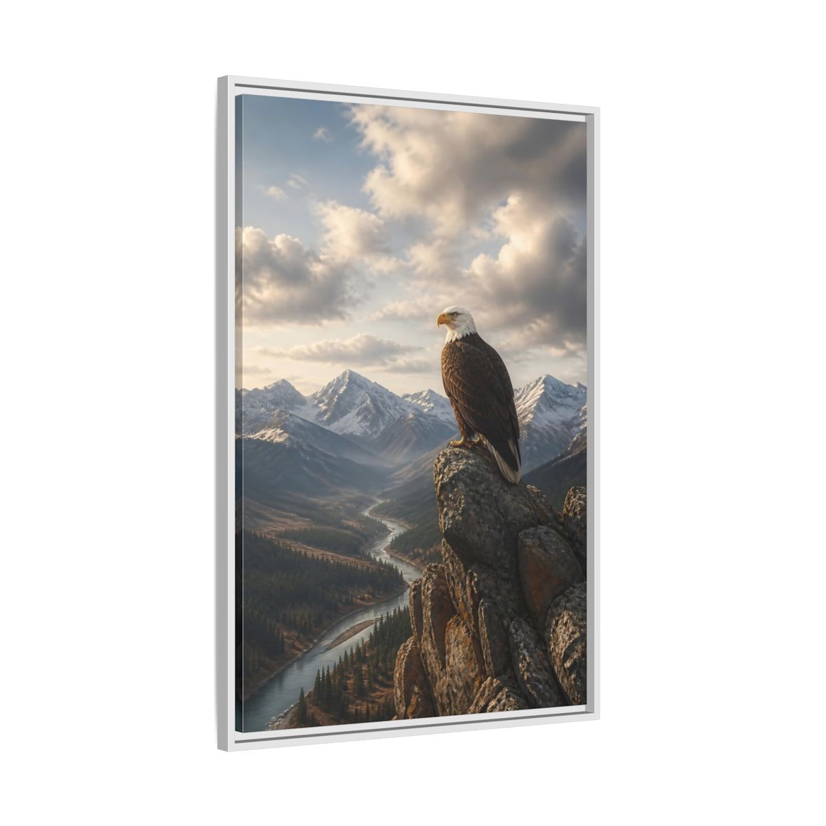 Side Mockup 9. Birds Bald Eagle Eagle Mountain River shown as stretched canvas wall art