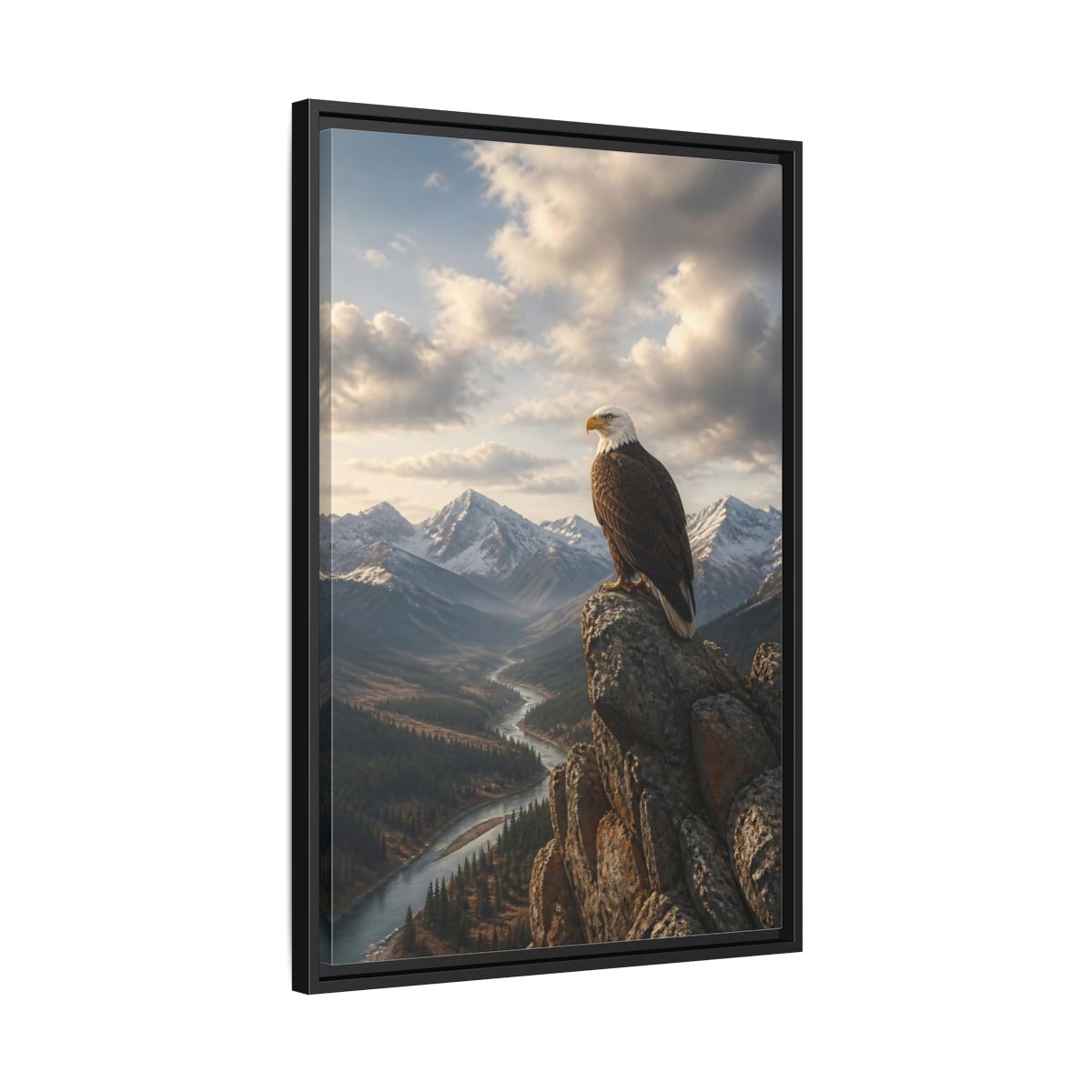 Side Mockup 14. Birds Bald Eagle Eagle Mountain River shown as stretched canvas wall art