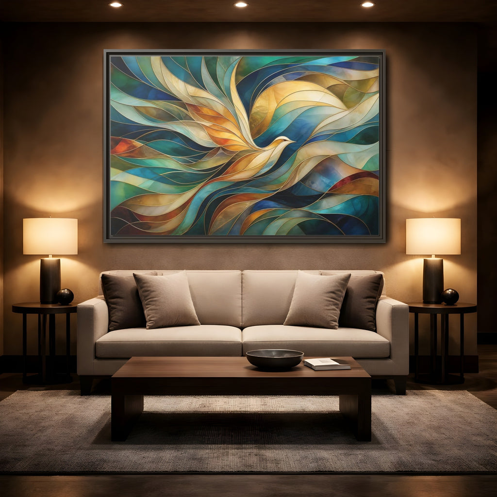 Mockup 2. Birds Bird Teal Gold Abstract Bird shown as stretched canvas wall art