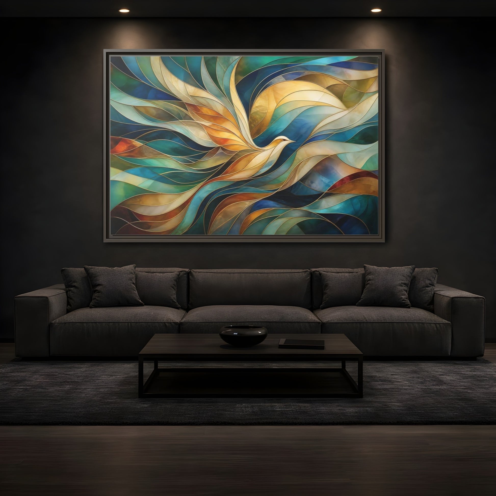 Mockup 3. Birds Bird Teal Gold Abstract Bird shown as stretched canvas wall art