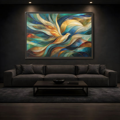 Mockup 3. Birds Bird Teal Gold Abstract Bird shown as stretched canvas wall art