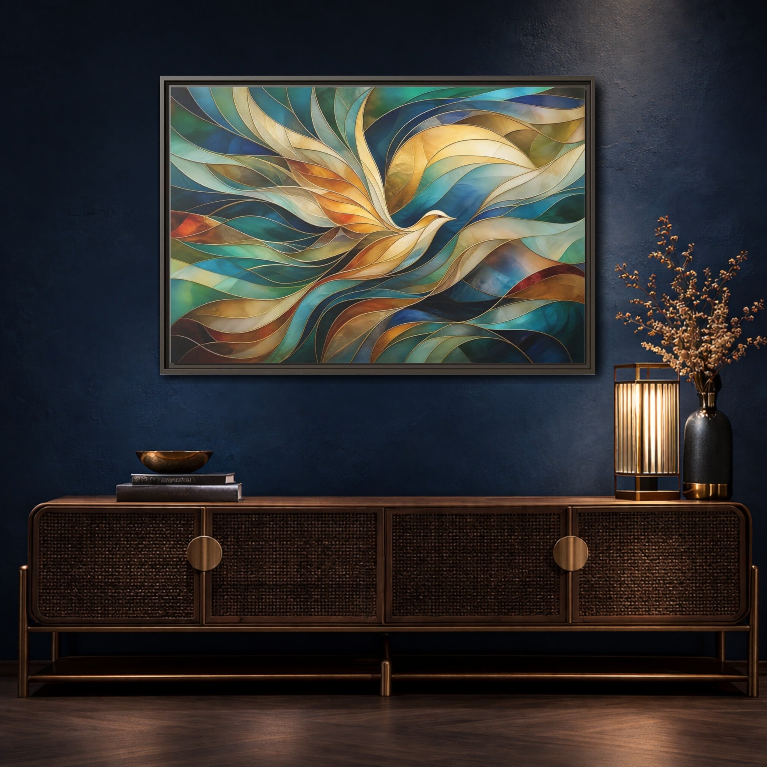 Mockup 4. Birds Bird Teal Gold Abstract Bird shown as stretched canvas wall art