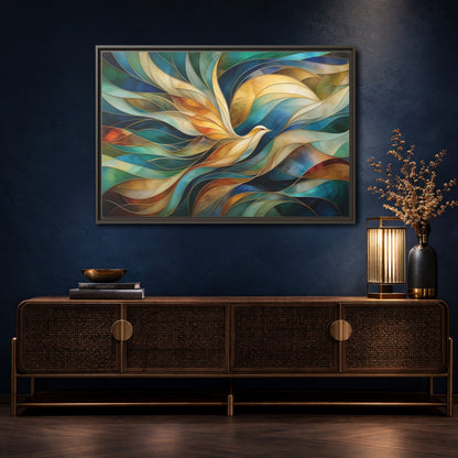 Mockup 4. Birds Bird Teal Gold Abstract Bird shown as stretched canvas wall art